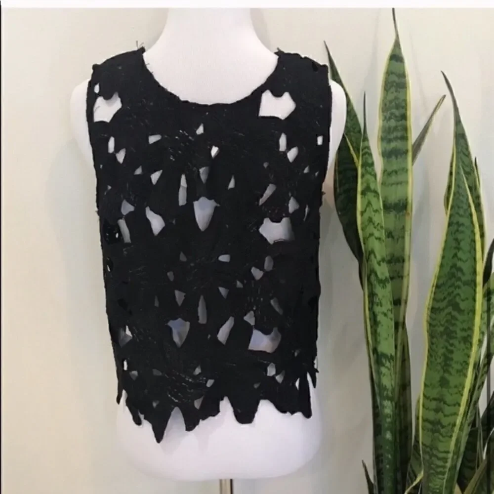 Caution To The Wind Lace Cut Out Cropped Round Neck Pull Over Black Tank-top - Picture 3 of 6